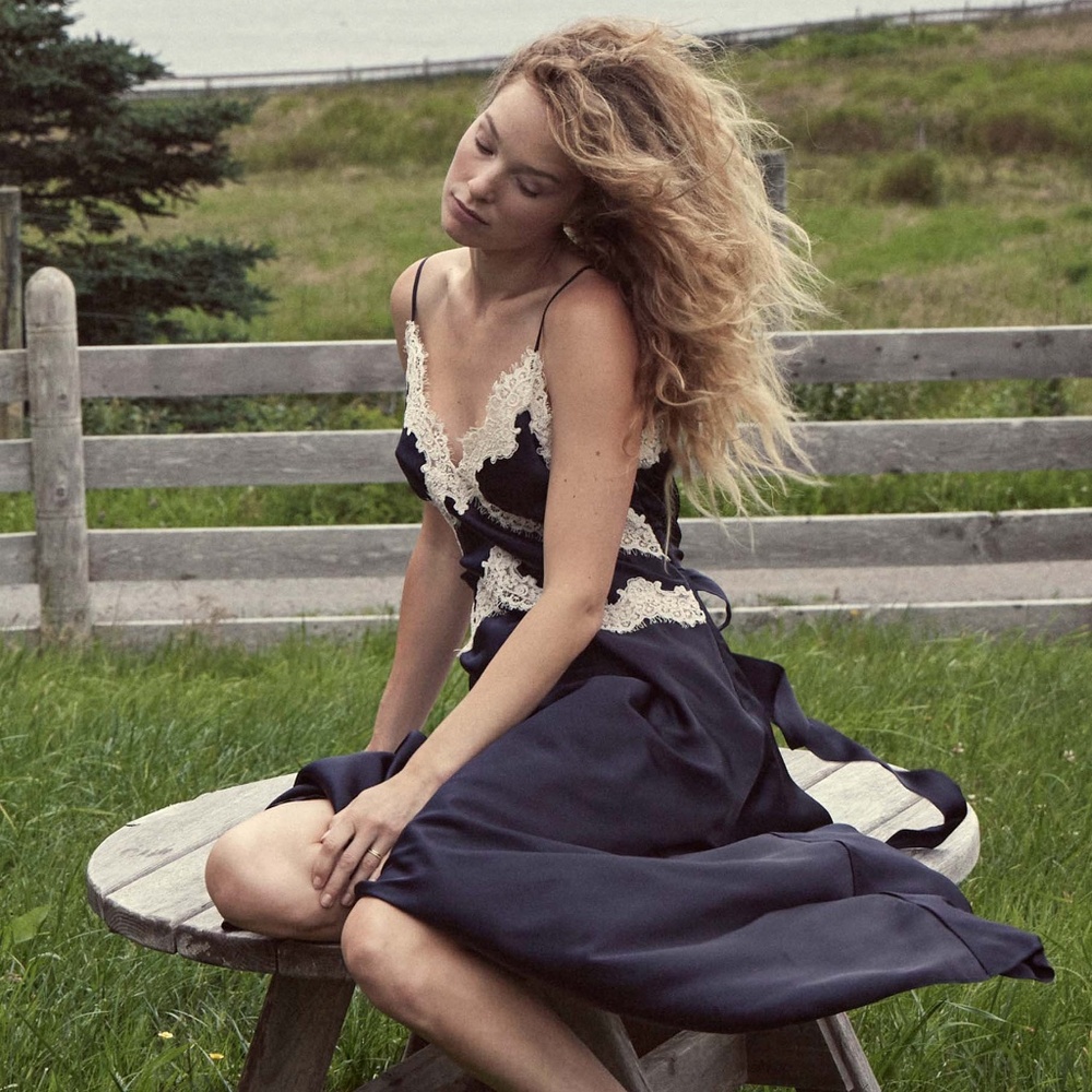 Silk Lace-Trim Midi Slip Dress in Navy